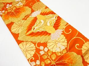 アンティーク　向かい鶴に桐・菊模様織り出し袋帯（着用可）